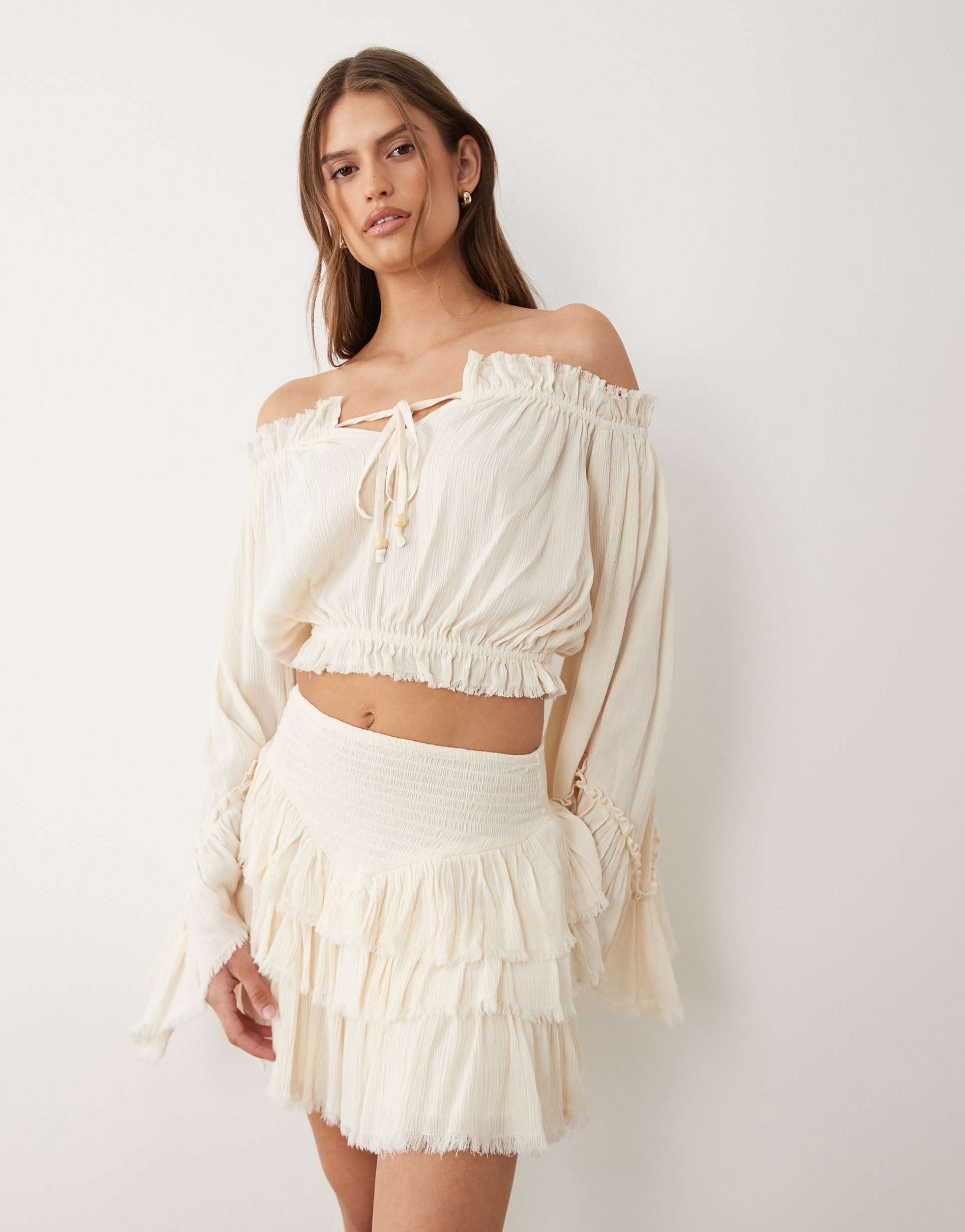 miss selfridge boho layered shorts in cream