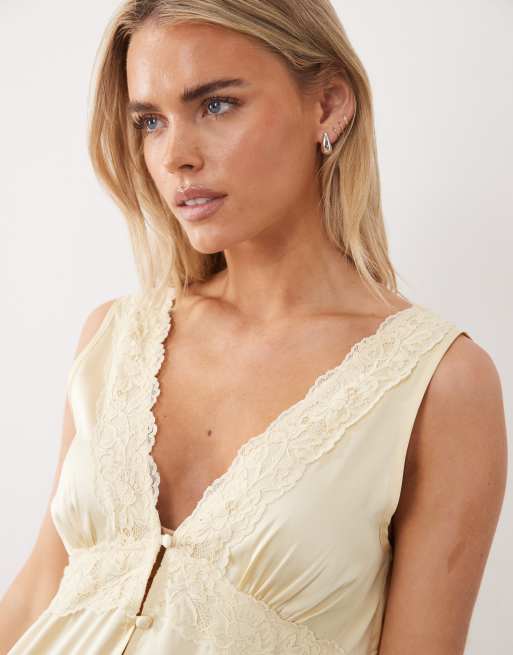 Miss Selfridge boho Petite satin lace insert hanky hem mini dress in buttermilk, 4 of 4
