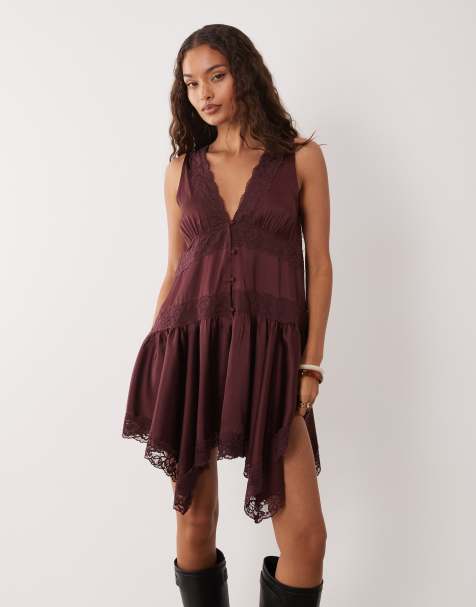Miss Selfridge boho Petite satin lace insert hanky hem mini dress in chocolate - view 1