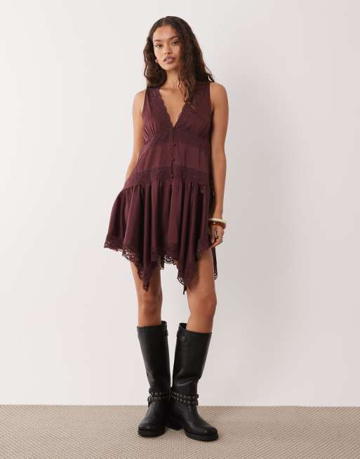 Miss Selfridge boho Petite satin lace insert hanky hem mini dress in chocolate, 2 of 4