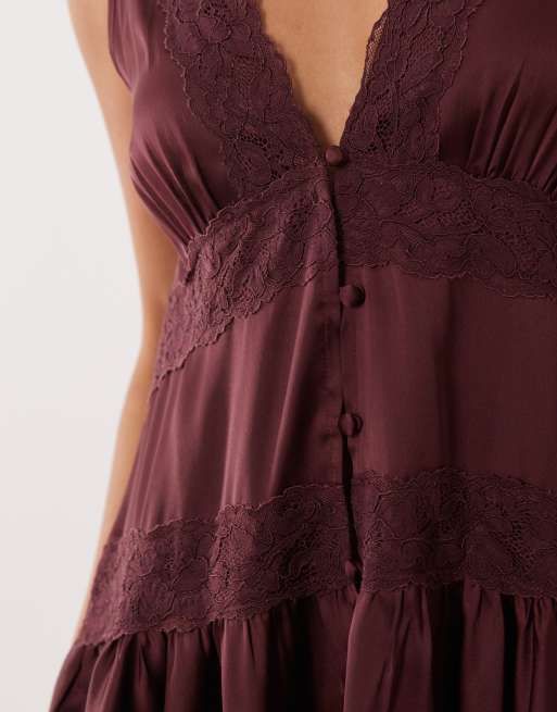 Miss Selfridge boho Petite satin lace insert hanky hem mini dress in chocolate, 3 of 4