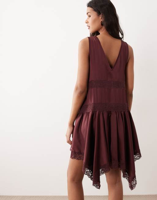 Miss Selfridge boho satin lace insert hanky hem mini dress in chocolate, 4 of 4