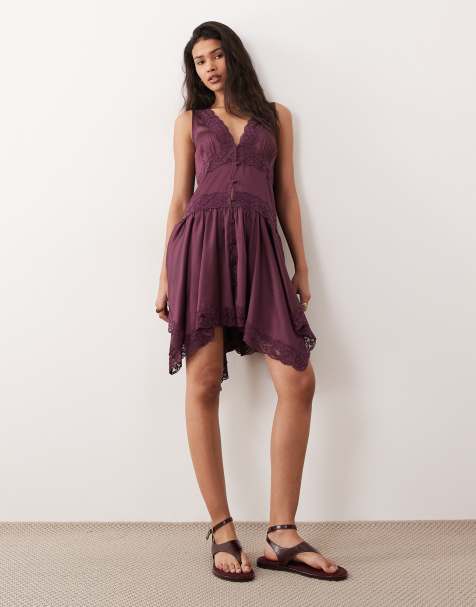 Miss Selfridge boho satin lace insert hanky hem mini dress in fig - view 1