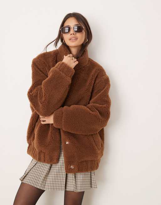 Miss Selfridge - Bomber oversize in pile borg color cuoio