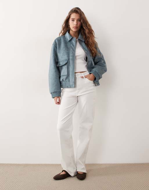 Miss Selfridge – Bomberjacke aus Wildlederimitat in Sanftblau, 3 von 4