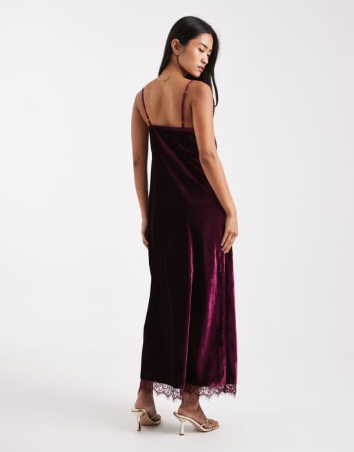 Miss Selfridge - Bordeaux cami-maxikjole i velour og blondestof, 3 af 4