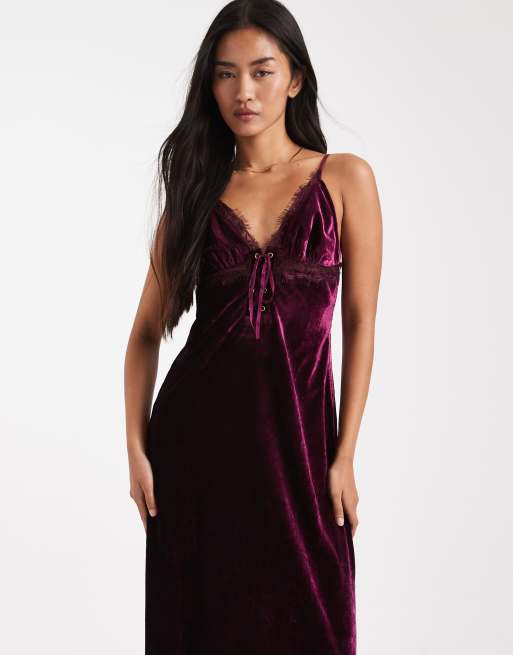 Miss Selfridge - Bordeaux cami-maxikjole i velour og blondestof, 4 af 4