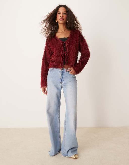 Miss Selfridge - Bordeaux cardigan i børstet strik med dobbelt bindebånd foran, 2 af 4