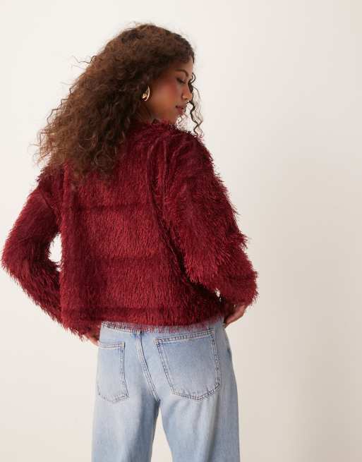 Miss Selfridge - Bordeaux cardigan i børstet strik med dobbelt bindebånd foran, 3 af 4