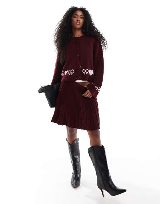 Miss Selfridge - Bordeaux cardigan med hjerte- og sløjfemønster - Del af sæt, 2 af 4