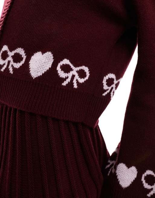 Miss Selfridge - Bordeaux cardigan med hjerte- og sløjfemønster - Del af sæt, 3 af 4