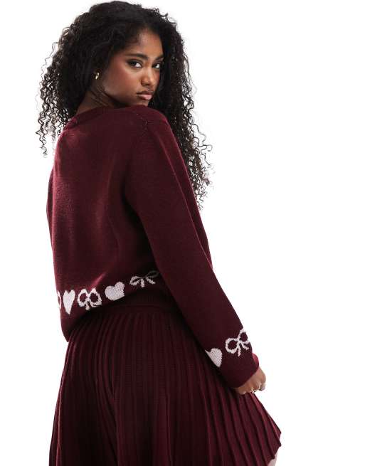 Miss Selfridge - Bordeaux cardigan med hjerte- og sløjfemønster - Del af sæt, 4 af 4