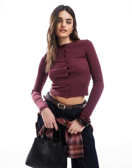 Miss Selfridge - Bordeaux ribstrikket cardigan med gennemgående knapper og rund hals
