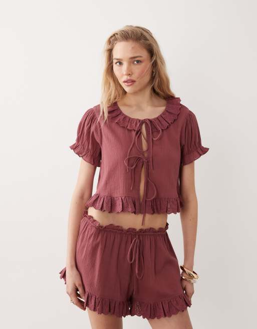 Miss Selfridge - Bordeaux strandtop med korte ærmer, bindebånd foran og flæser - Del af sæt, 2 af 4