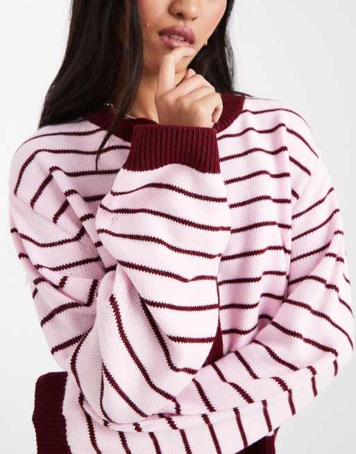 Miss Selfridge - Bordeauxrød og lyserød cardigan i strik med striber, 3 af 4