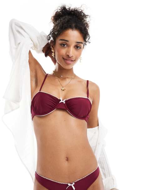 Miss Selfridge underwire bikini top with picot trim in burgundy