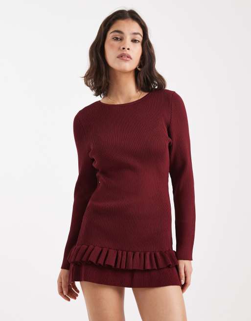 Miss Selfridge – Bordowa sukienka z dzianiny z obniżoną talią