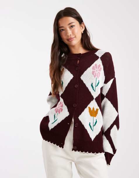 Miss Selfridge diamond & flower crew cardigan in burgundy