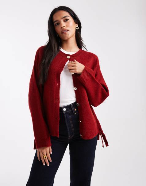 Miss Selfridge tie side ruched cardigan in burgundy