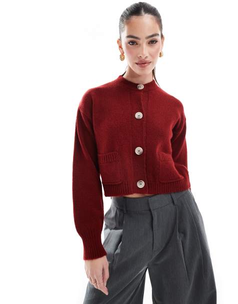 Miss Selfridge – Bordowy pudełkowy kardigan z ozdobnym szwem i okrągłym dekoltem - view 1