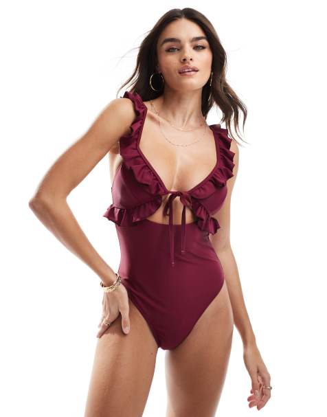 Miss Selfridge ruffle triangle swimsuit with cut out in burgundy