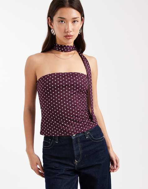 Miss Selfridge – Bordowy top w groszki z dekoltem bandeau i szalem - view 1