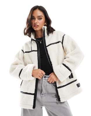 Miss Selfridge Borg Aviator Jacket In Cream-white