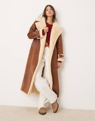 borg contrast belted maxi wrap coat in tan-Brown