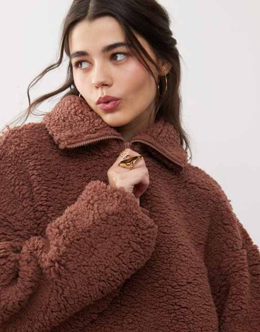 Miss Selfridge teddy half zip top in chocolate