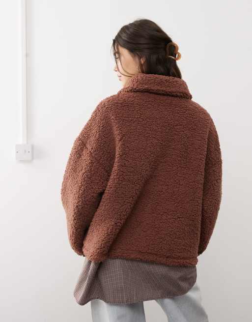 Miss Selfridge teddy half zip top in chocolate