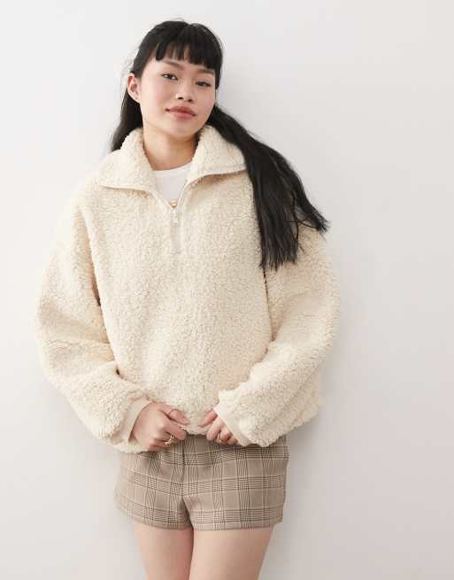 Miss Selfridge borg half zip top in cream, 3 of 4