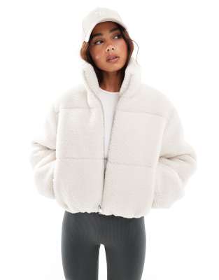 borg puffer jacket in cream-White