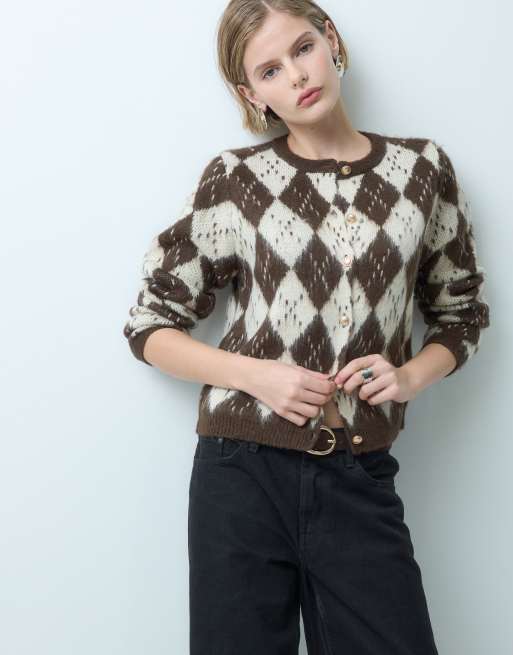 Miss Selfridge borstad argyle-kofta i chokladbrunt, 3 av 5
