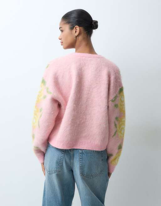 Miss Selfridge borstad blommig kofta med rund halsringning i mjuk rosa, 4 av 4