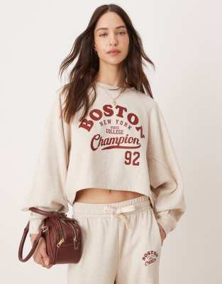 Boston cropped sweatshirt in oatmeal heather - part of a set-Blonde