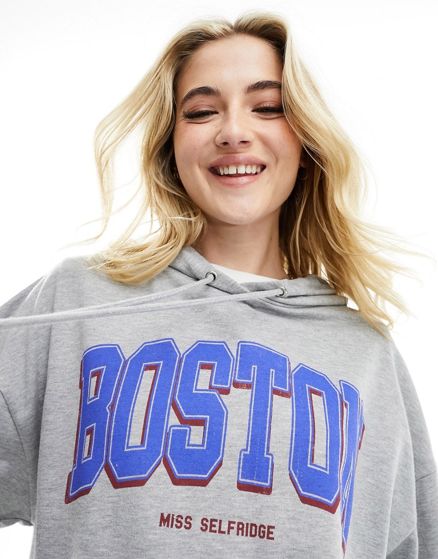 Miss Selfridge Boston graphic print hoodie in grey marl