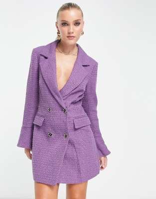 Miss Selfridge boucle blazer dress with fluted sleeve in purple | ASOS