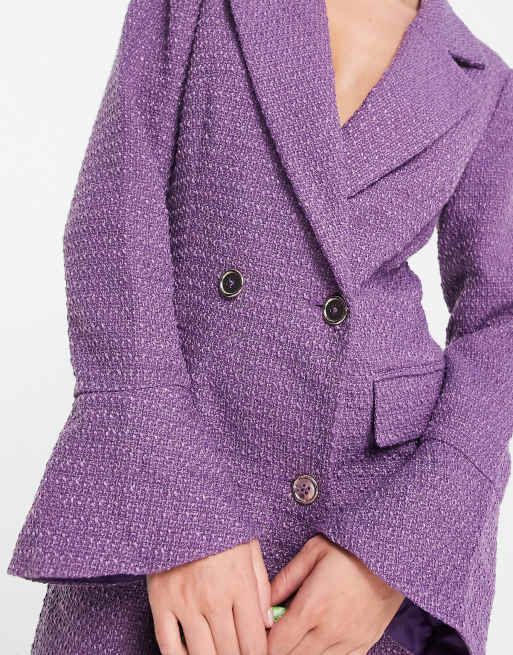 Miss Selfridge boucle blazer dress with fluted sleeve in purple