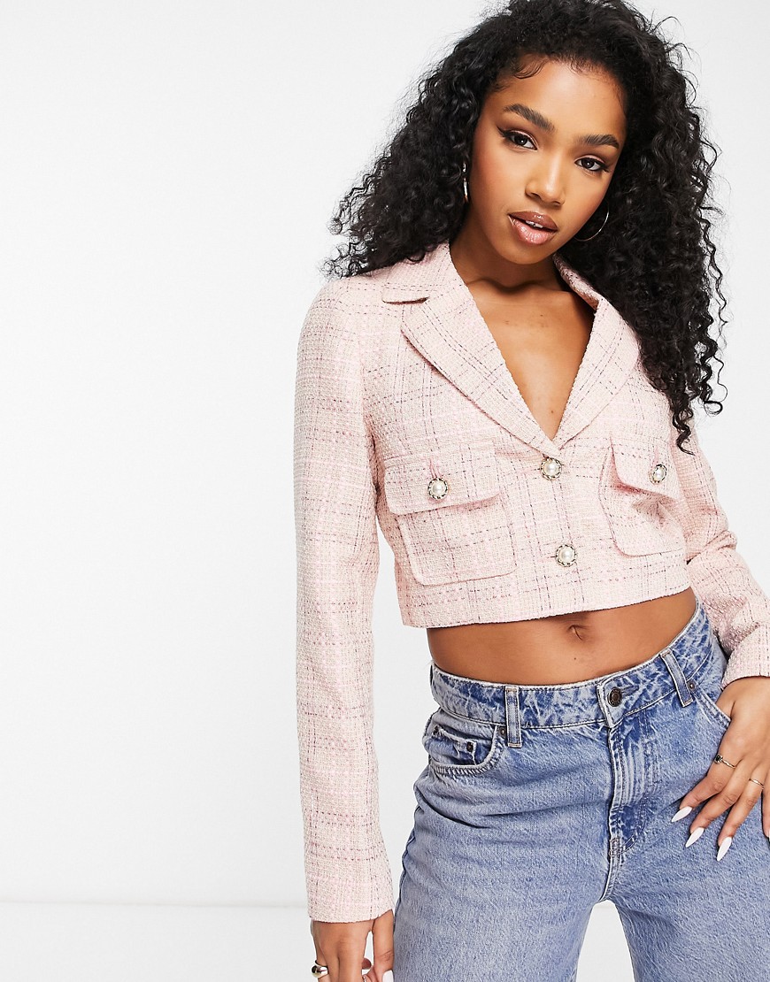 Miss Selfridge boucle boxy crop blazer co-ord in pink check