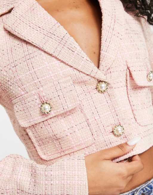 Miss Selfridge boucle boxy crop blazer co-ord in pink check