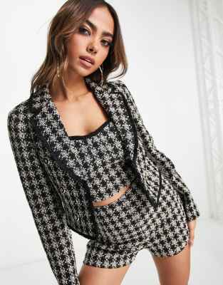 Miss Selfridge boucle cropped blazer co-ord in mono check-Black