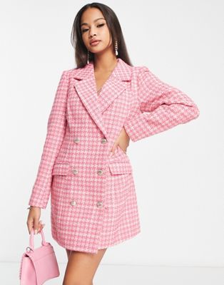 Miss Selfridge boucle double breasted blazer dress in pink | ASOS