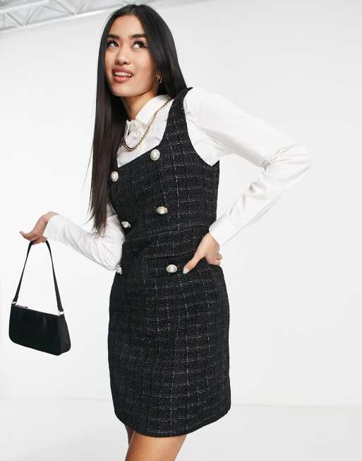 Miss Selfridge boucle dress with diamante buttons in black, 2 of 4