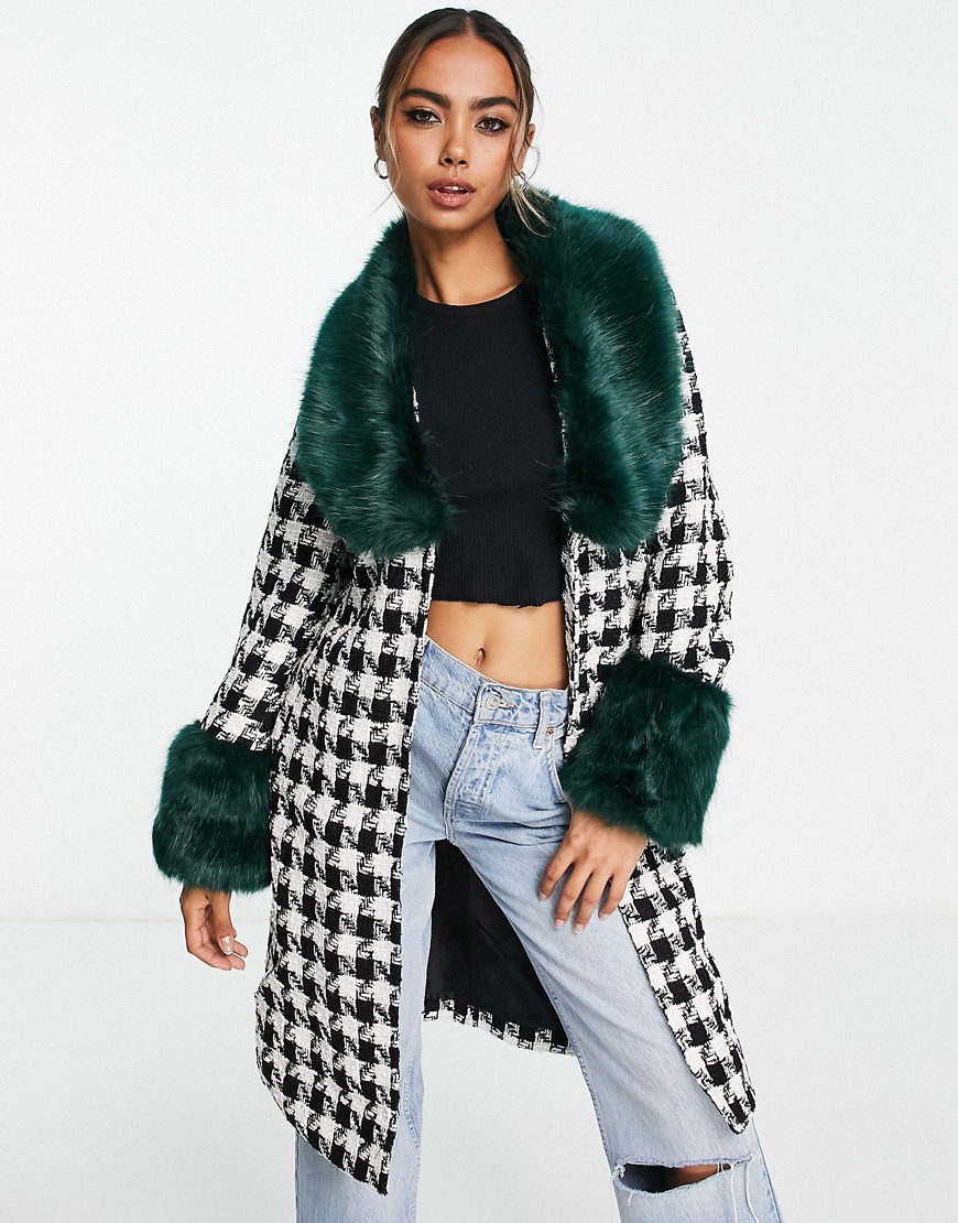 Miss Selfridge boucle faux fur collar and cuff wrap coat in mono check-Multi