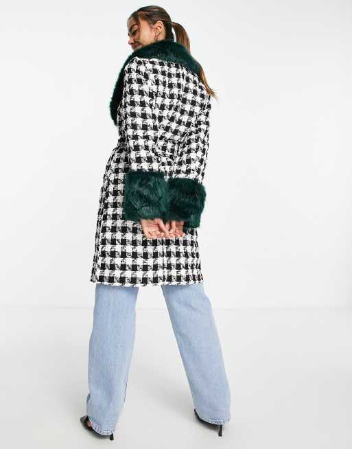 Miss Selfridge boucle faux fur collar and cuff wrap coat in mono check ASOS