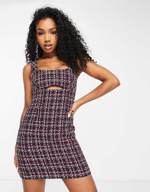 ClassicfuncenterShops Miss Selfridge boucle mini pinny dress with cut out detail in navy check Monki Bla skinny jeans