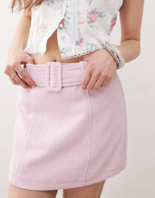 Shop Miss Selfridge Boucle Mini Skirt With Belt In Pink