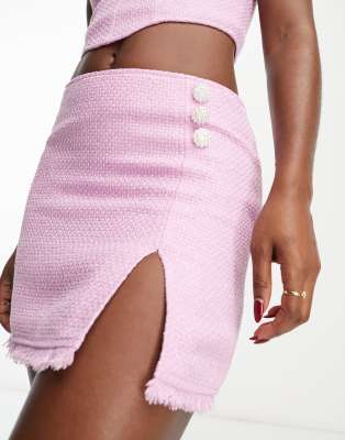 Miss Selfridge Boucle Mini Skirt With Side Split And Pearl Button Detail In Pink - Part Of A Set-purple