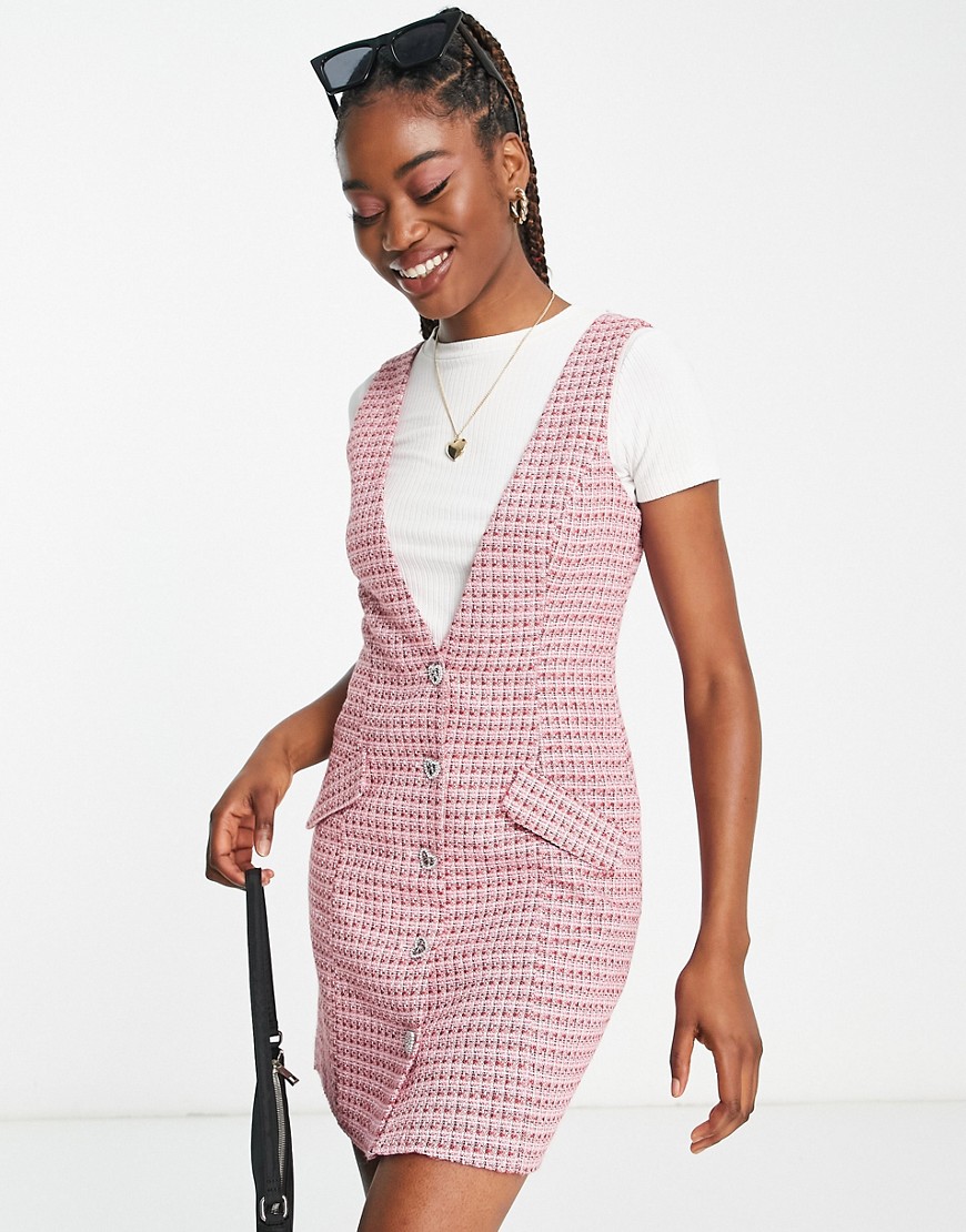 Miss Selfridge boucle pinafore dress with diamante heart buttons in pink