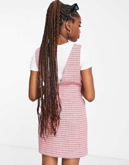 Miss Selfridge boucle pinafore dress with diamante heart buttons